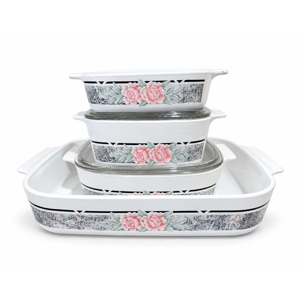 Vintage 6pc Corning Silk & Roses Casserole Dishes 1990's